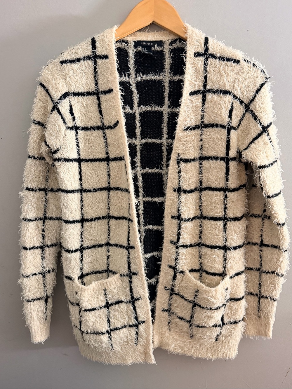 Forever 21 faux cashmere sweater square pattern fuzzy cardigan w pockets